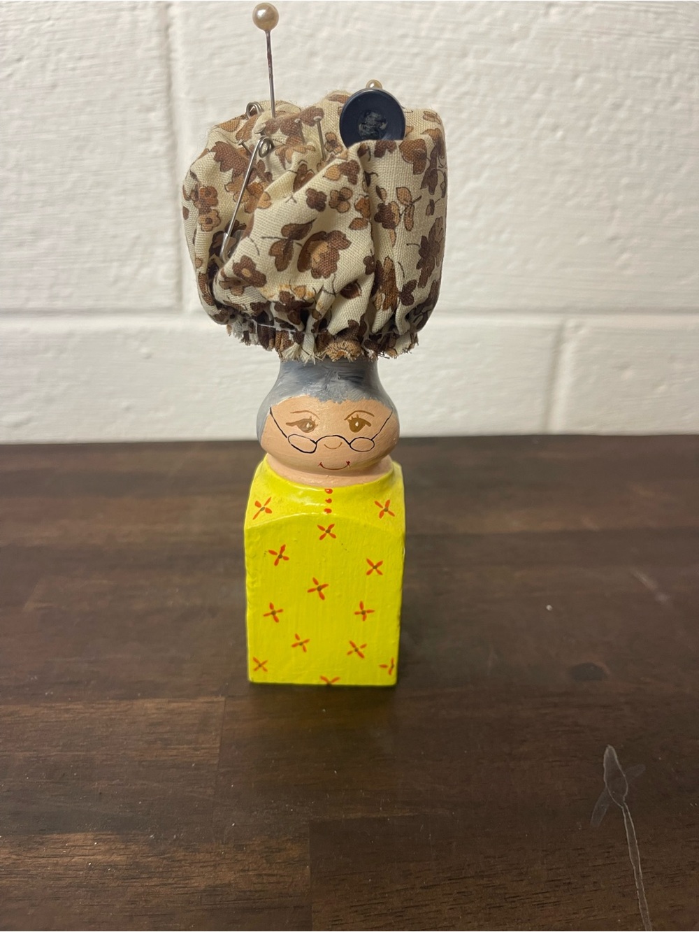 Vintage Folk Art Grandma Wooden Sewing Pincushion Doll Handmade 7” Tall